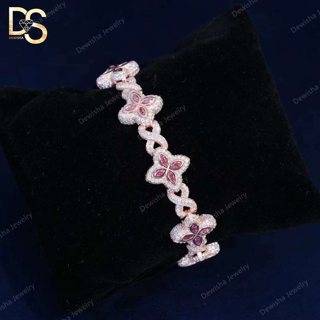 Hip Hop Jewelry 15mm Marquise Flower Design Iced Out Unisex Moissanite Cuban Link Chain 925 Silver Moissanite Bracelet