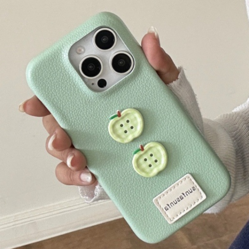 Leather Apple Button Phone Case Compatible with iPhone 16 Pro Minimalist Solid Color Shockproof iPhone 15/14/13 Cartoon Protection