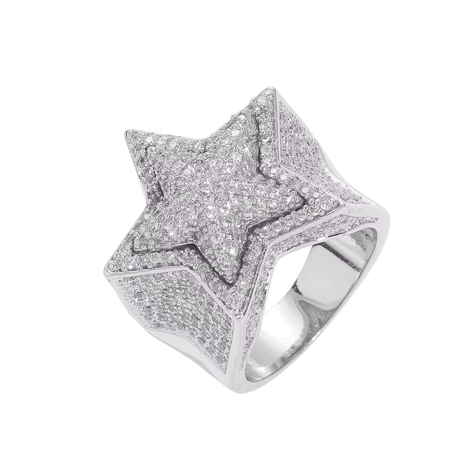 Hip Hop Fashion Luxury Jewelry High Quality Full Pave AAAAA CZ Stone Five Pointed 3D Star Punky Rappers Rings for Men