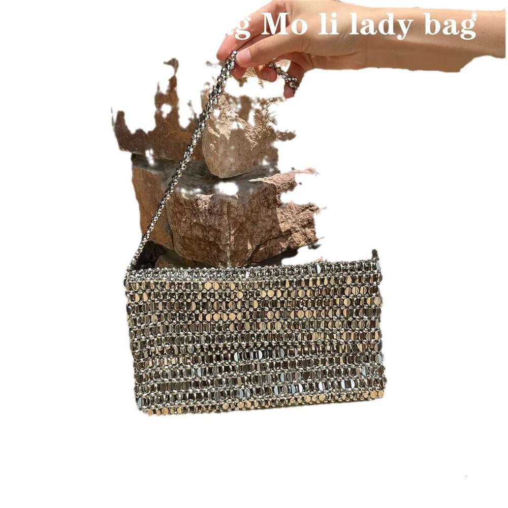 New Retro Metal Shiny silver Handwoven Beaded Pearl Sequin Underarm Bag Handbag