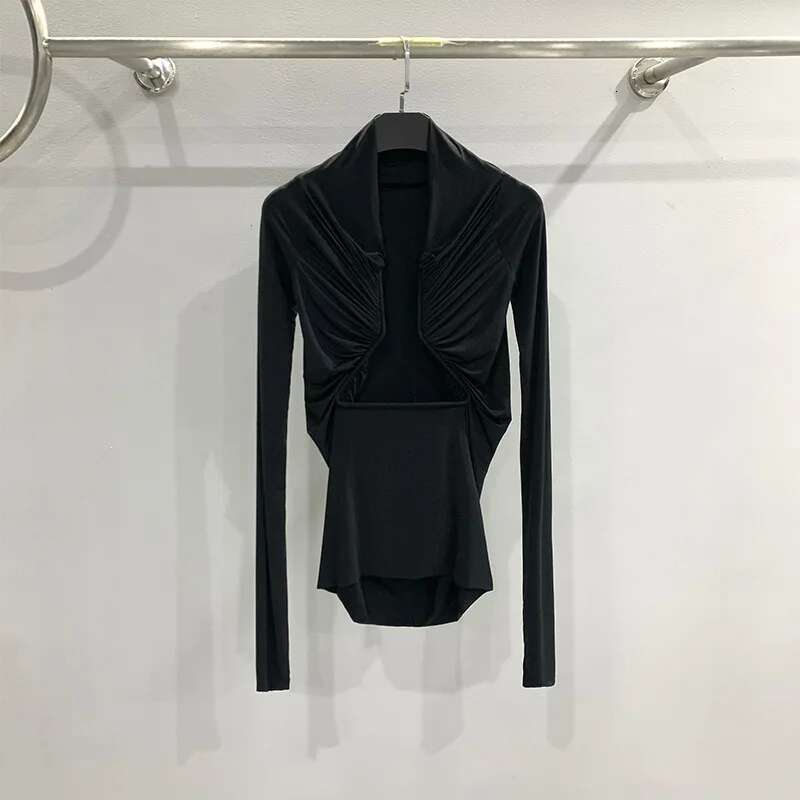 Geometric Hollow Design Women's T-Shirt Y2k Corset Stretch Slim Commuter Hundred Sleeve Long Pullover Tops 2024 Summer New
