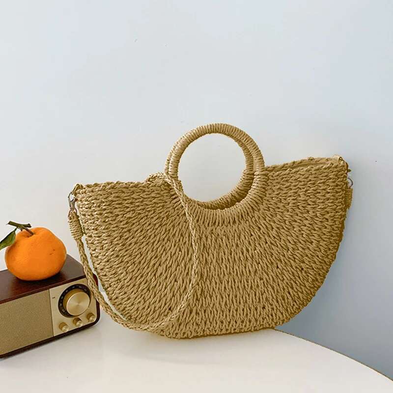 Handmade Beach Bag Women New Straw Handbags Woman Handmade Woven Basket Rattan For Femme Simple All-Match Handbag Kq1