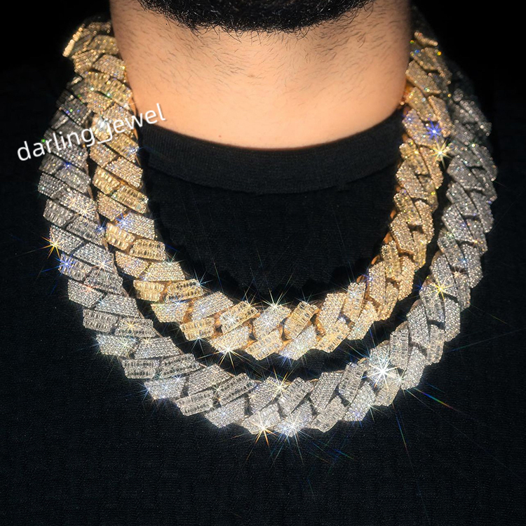 Custom Luxury 22mm Baguette Chain 925 Sterling Silver D White Baguette and Round Moissanite Cuban Link Chain Mans Necklace