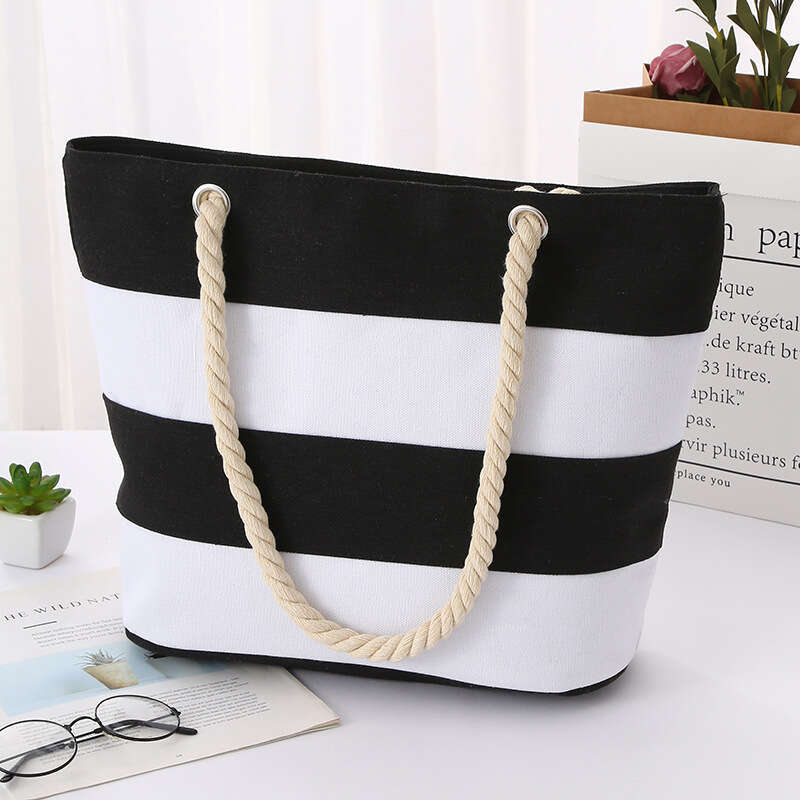 Coarse hemp rope striped patchwork for women's leisure, tourism, shopping, practical large capacity portable canvas bag