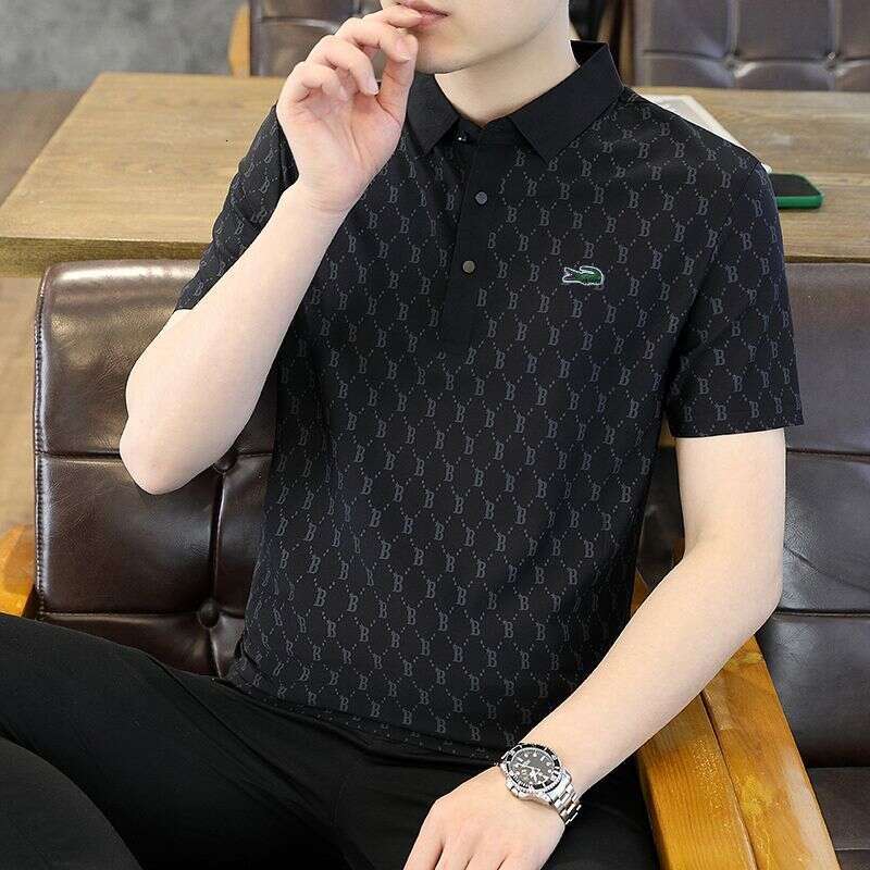 Noble Crocodile 2025 New Polo Shirt Men's Short Sleeve High-end Trendy Ice Silk Designer Handbag Loose Turn-down Collar Striped Business T-shirt