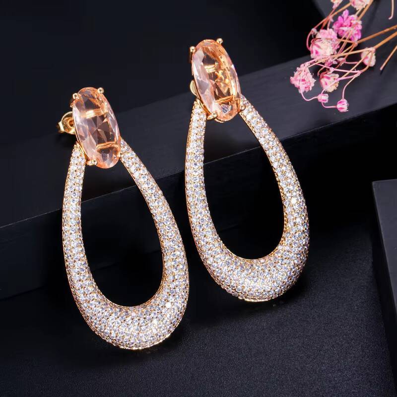 Hot Selling High-End AAA Zircon Gold Charm Geometric Drop Hollow Ear Jewelry Trendy Brass Hoop Earrings for Parties Gift