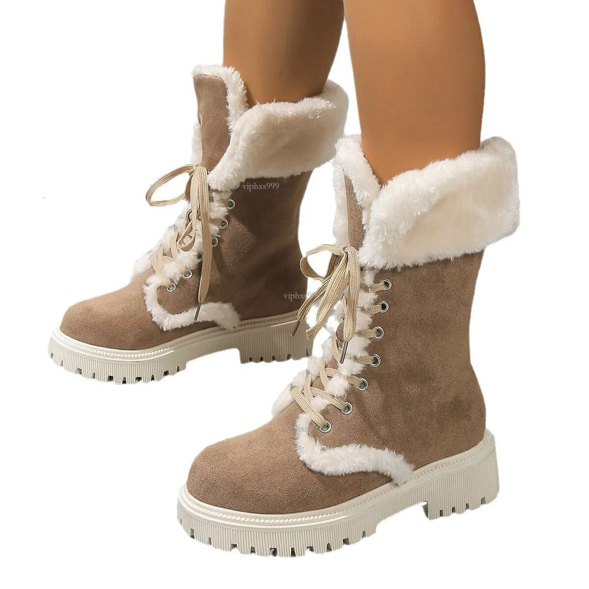 New Free Shipping Designer Shoes Autumn And Winter Oversized Plush Warm Thick Soled Mid Length Boots Fashionable Round Toe Lace Up Snow Boots For Wome