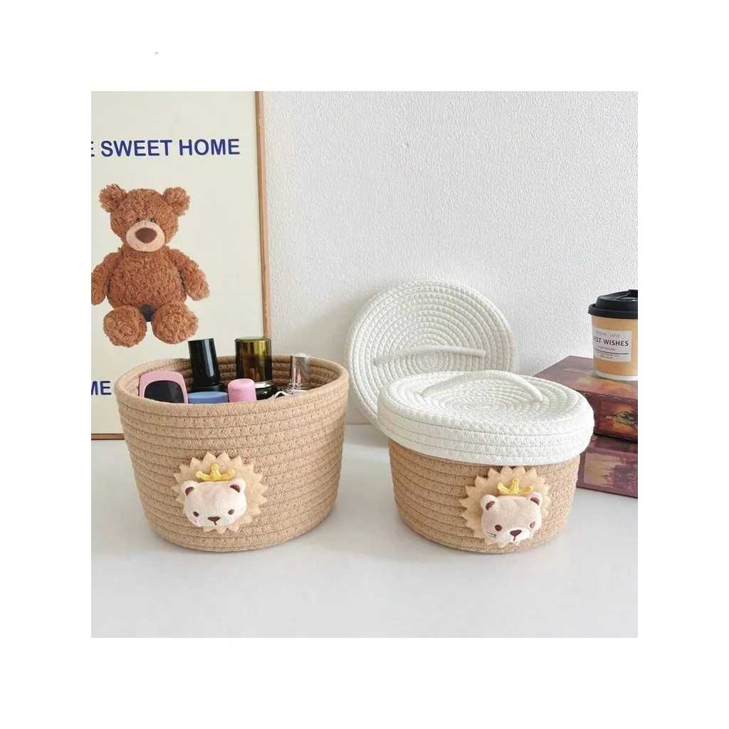 Cotton Rope Handmade Woven Storage Basket With Lid Simple Miscellaneous Organization Tool Living Ro Item Organization Basket Y251112