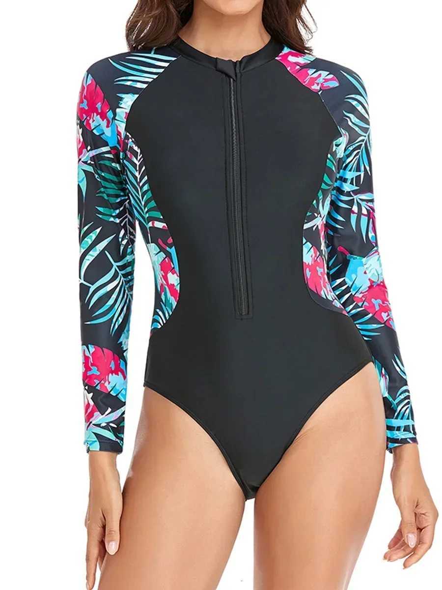 Surf Long Sleeve Swimsuit 2025 Rash Guard Swimwear Women Zipper One Piece Diving Clothes Leaves Printed Bathing Swimming SuitW251113