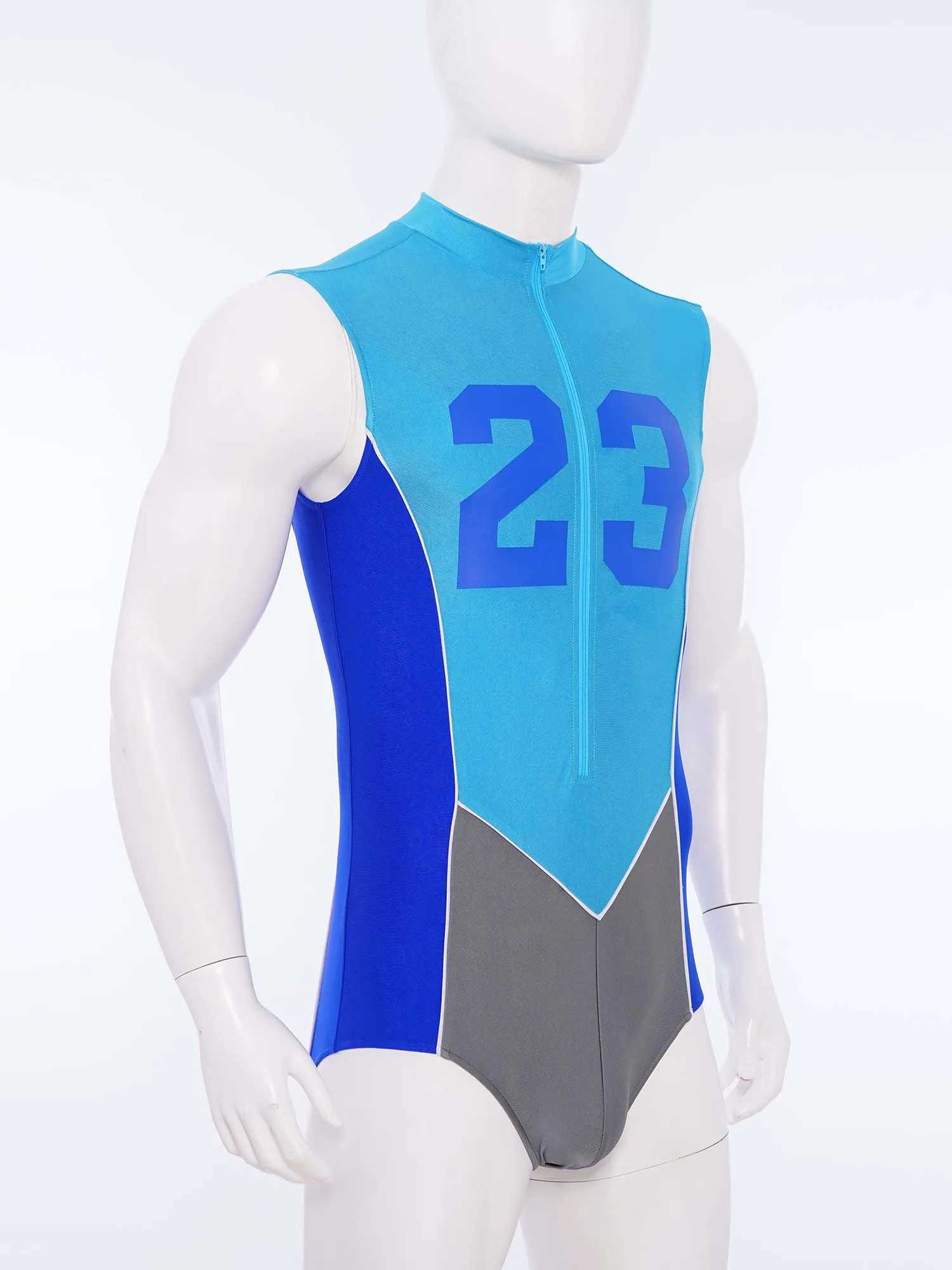 Color Block Mens One Piece Swimsuit Swimwear Sleeveless Number Printed Sports Bodysuit Leotard for Running Swimming CompetitionW251113