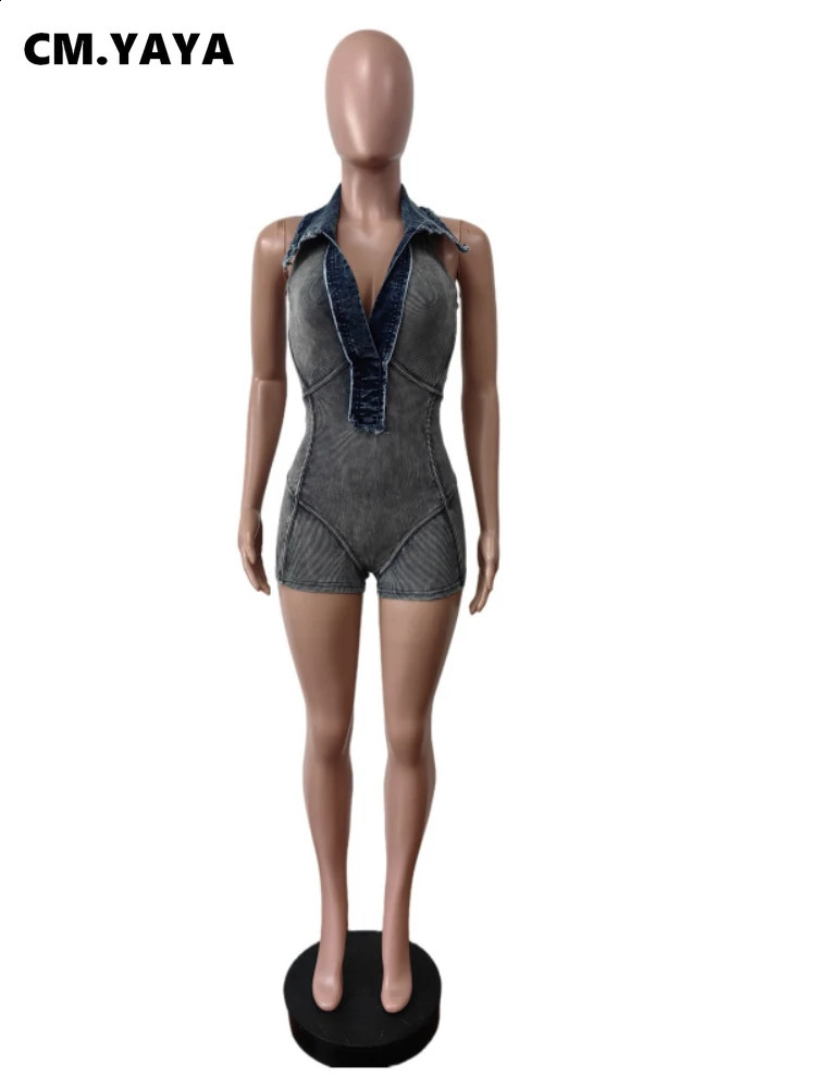 CMYAYA Womens Knitted Ribbed Denim Splicing Work jumpsuit 2025 Summer Chic Strap Fashion Jeans 250411