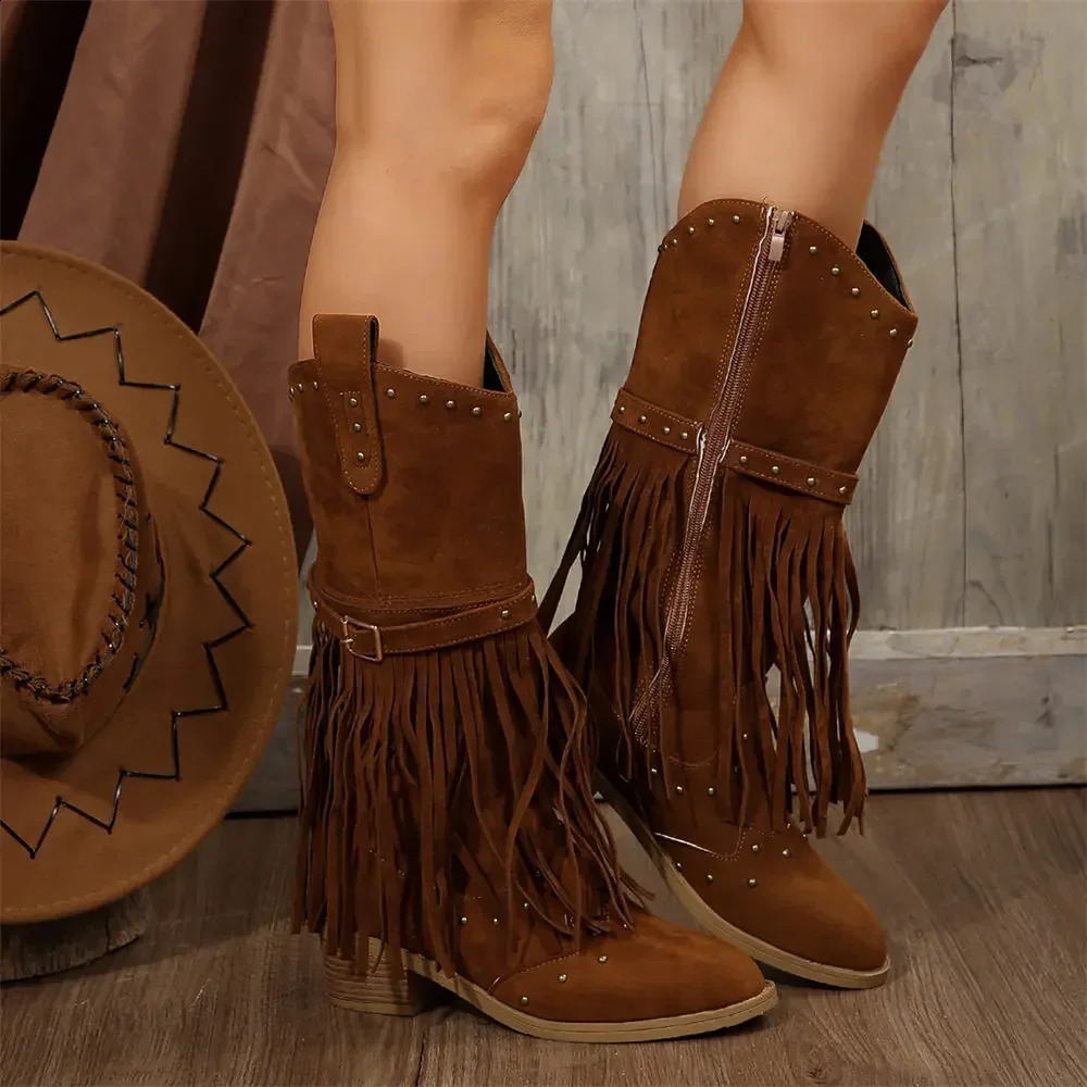 Winter Vintage Western Boots with Fringes Retro Comfy Walking Plus Size 43 Zip-up Mid-calf Tassel Cowboy Boots Women Shoes 250411