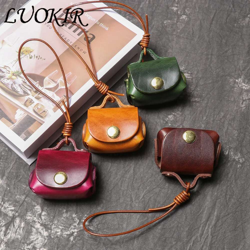 LUOKIR Vintage Genuine Leather Headphone Case Pendant, Women's Small Coin Purse, Top Layer Cowhide Bag Accessory.