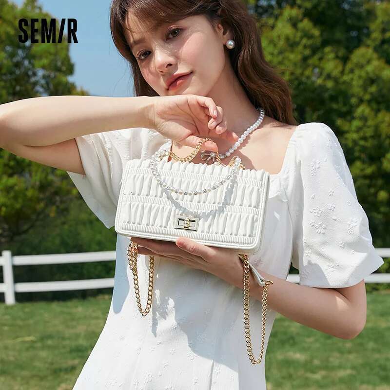 Semir Women Elegant And Versatile Crossbody Stylish Shoulder French-Style White Pearl Chain Bag