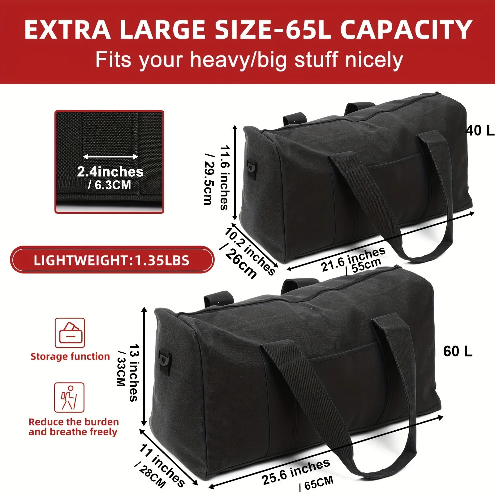 Duffle Bag with Wide Handles and Adjustable Shoulder Strap - Large Foldable Travel Bag Camping Gym Luggage Bag - 40L/65L250403