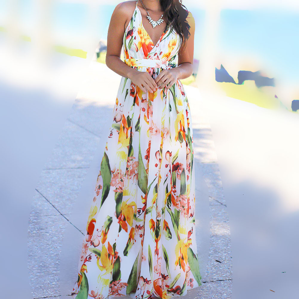 2025 Spring and Summer New Womens Fashion Strap Printed Beach Dress for Women