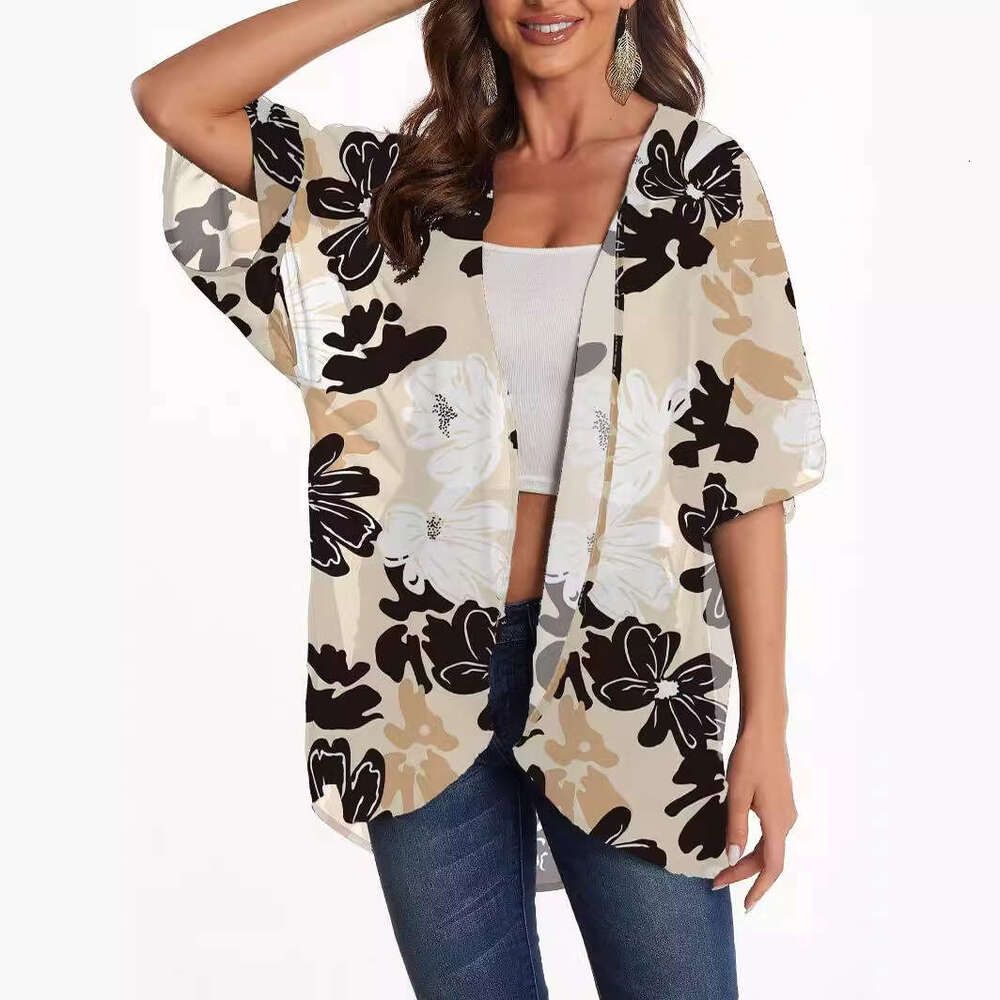 Women's Sunscreen Cover Up Printed Chiffon Top And Kimono Cardigan