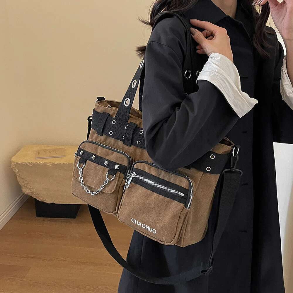 Women Rockabilly Shoulder With Chain Canvas Gothic Satchel Zipper Closure Punk Style Sg Female Outdoor Bag