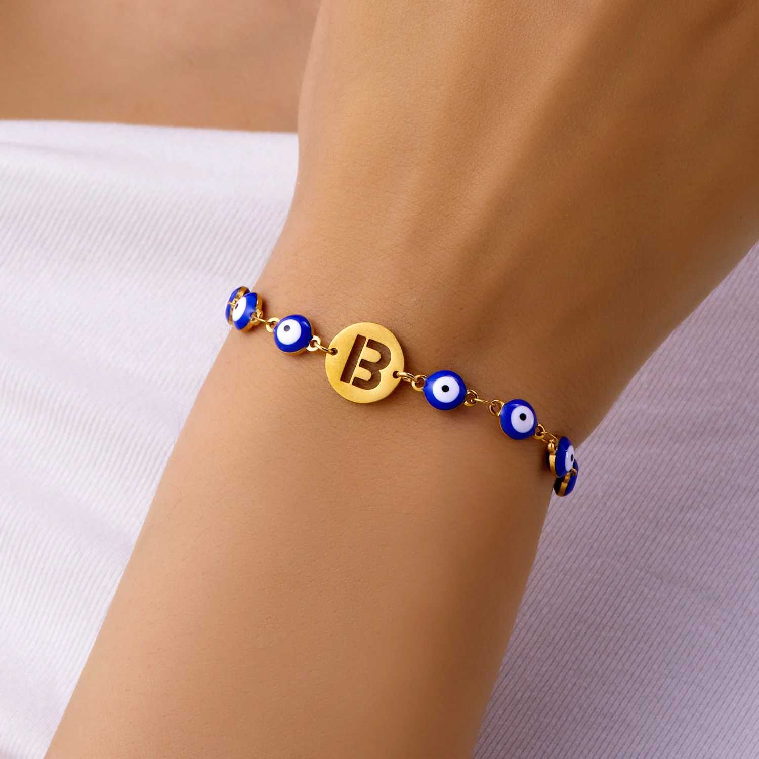 Lucky Turkey Evil Eye Bracelet For Women Men A-Z 26 Initials Alphabet Blue Eye Stainless Steel Metal Chain Bangles Luck JewelryC250411