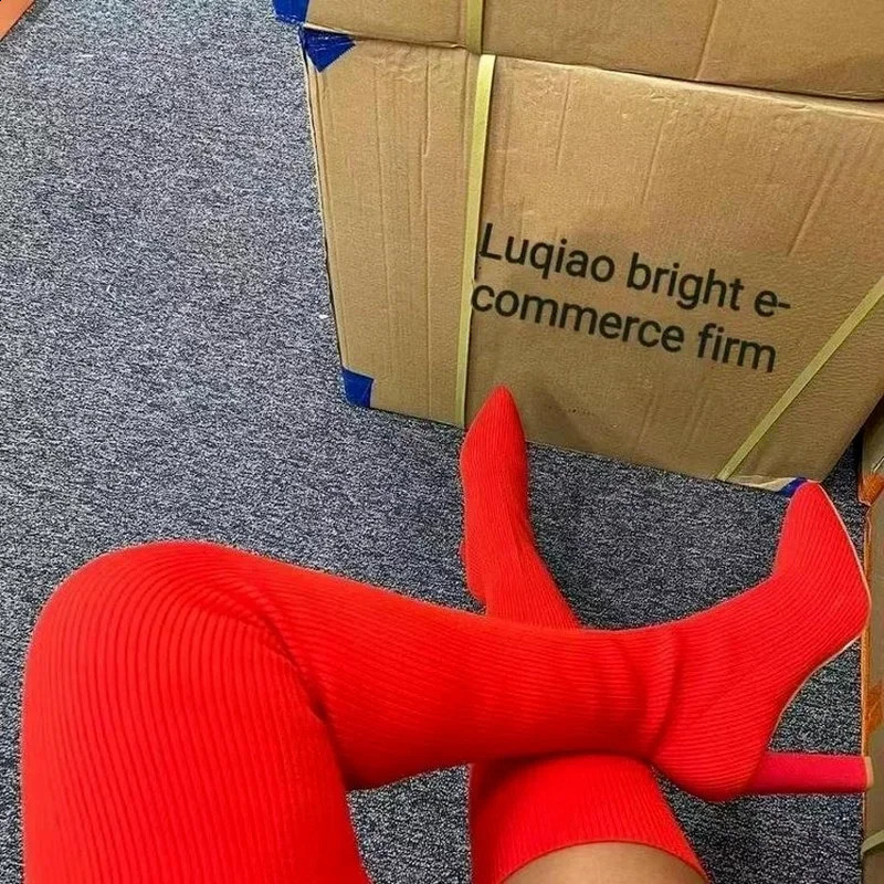 Woman Over The knee Boots Winter Thigh Knitted Elastic Socks Shoe Warm Sexy Stilettos Heels Pointed Long Boots 35-43 botas mujer 250411