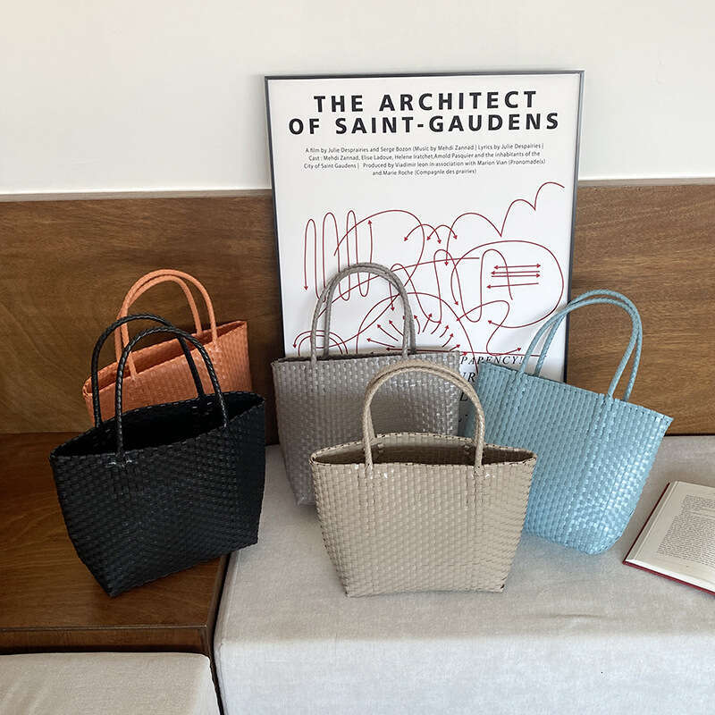 Summer straw vacation style shoulder tote bag, PVC vegetable basket, hand woven bag