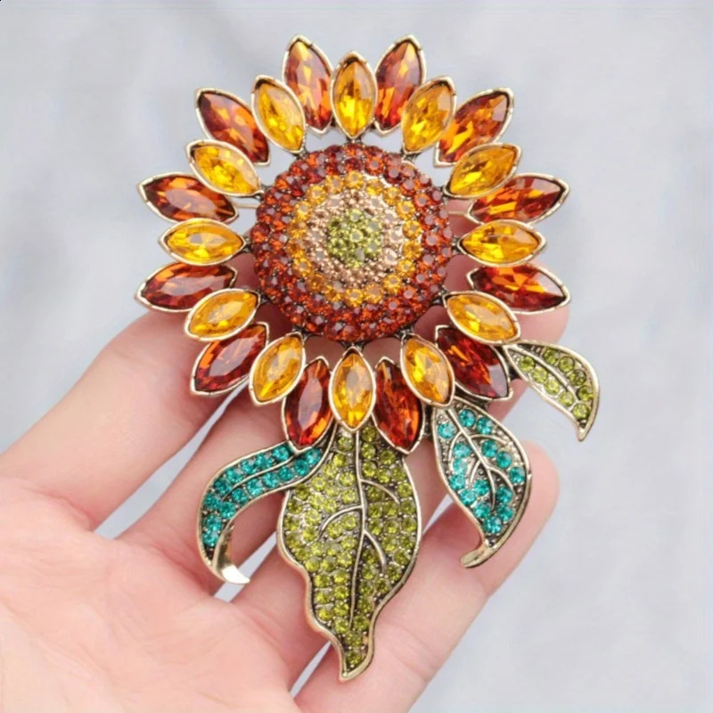 Large heavy industry elegant sunflower plant brooch inlaid with diamond brooch fashionable womens brooch accessories gift 250409