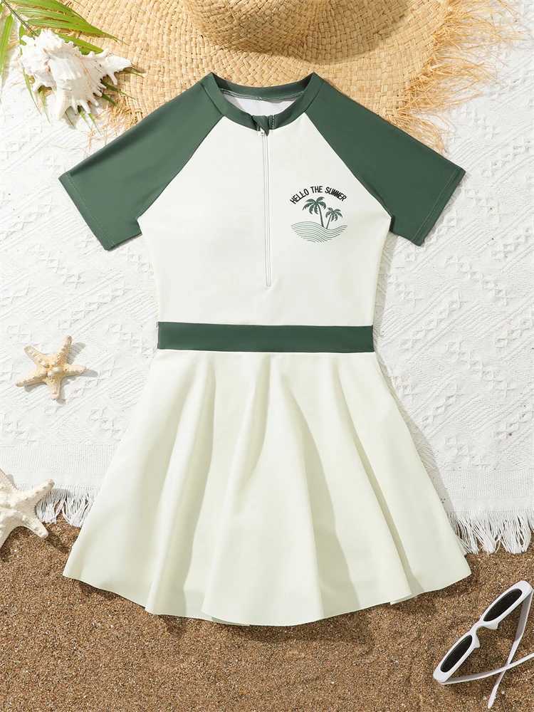 Kids Swimsuit Girls 2026 New Solid Short Sleeves Long Dress zipper Children Swimwear Summer Beachwear Bathing Suit Swimming GirlW251113