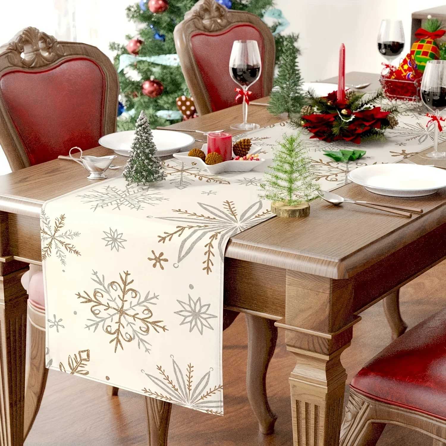 Christmas Winter Table Runner Snowflake Decorations White Gold Winter Runner for Table Seasonal Chriatmas Winter Holiday Decor Y251113