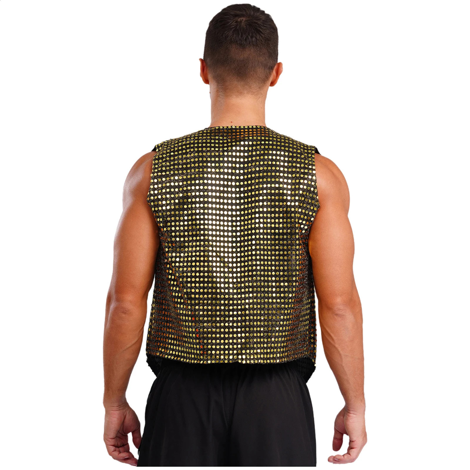 Mens Sparkling Sequin Vest Tops Sleeveless V Neck Button-Up Sequins Solid Color Vest for Clubwear Stage Performance 250407