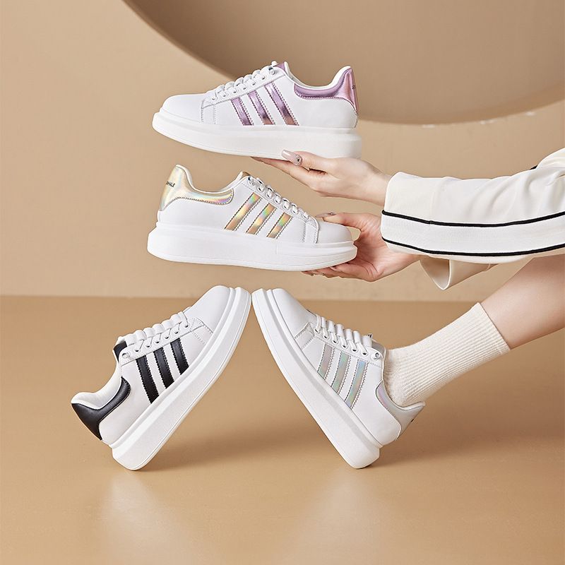 2025 Summer New Fashion Women Casual White Sneakers Thick Sole PU Leather Color Blocking Lace Up Sports Shoes Comfortable Soft Bottom Small Plus Size 