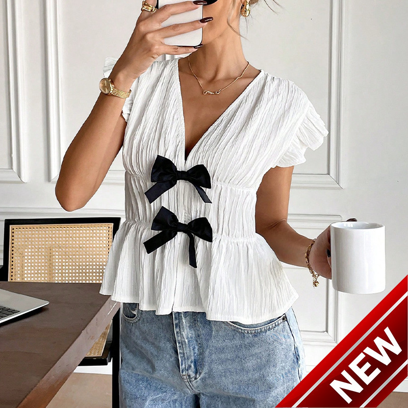 Womens clothing 2025 summer vacation style short sleeved shirt bow cardigan shirt for women