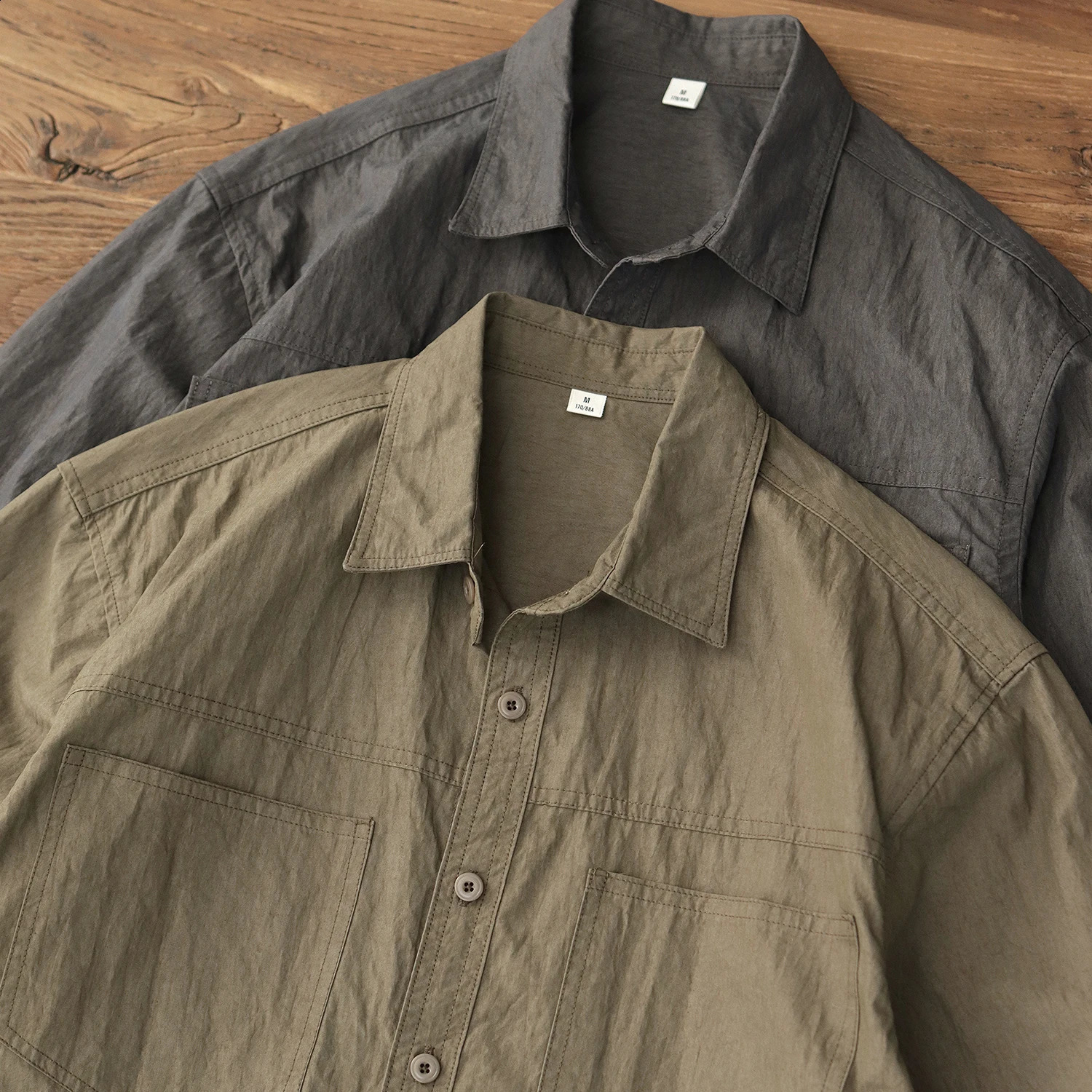 Spring 2025 Japanese Retro Long Sleeve Collar Cargo Shirt Mens Yama Style Oil Wax Old Double Pocket Casual Loose Top 250411