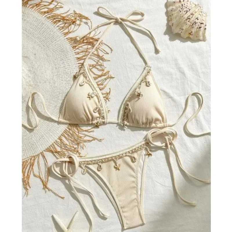 Shell Decoration Ribbed Bikini Women Swimwear Female Swimsuit Two-pieces Bikini Set Halter Strappy Bather Bathing Suit Swim LadyW251113