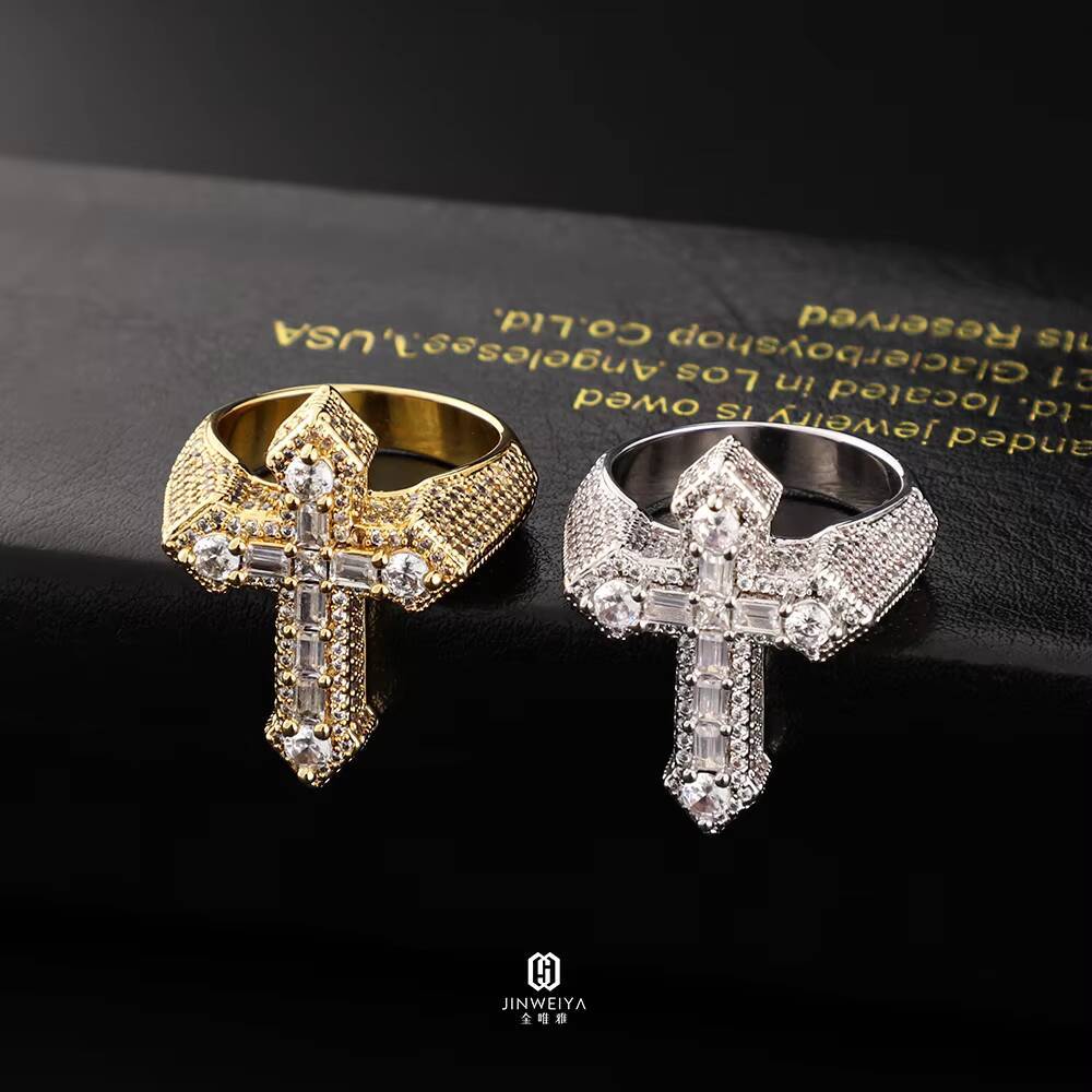 Factory Wholesale High Quality Christian Hip Hop Rings Gold Plated Moissanite Cross 925 Sterling Silver Ring for Men
