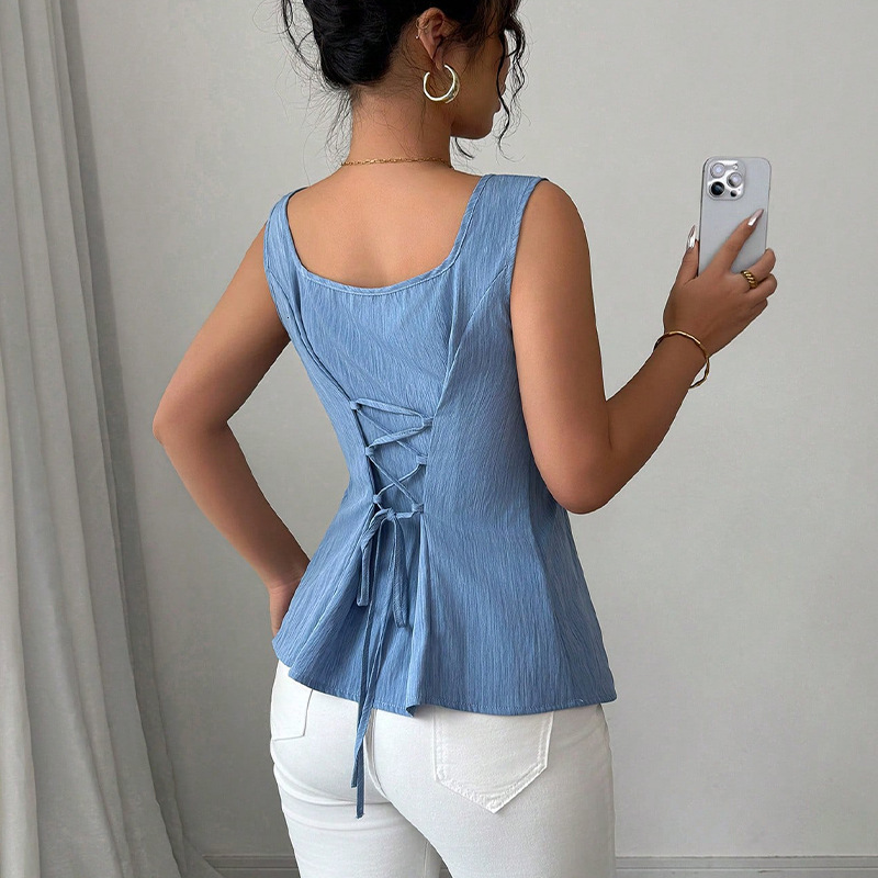 Sleeveless camisole drawstring top 2025 summer French vest slim fit pullover for womens wear