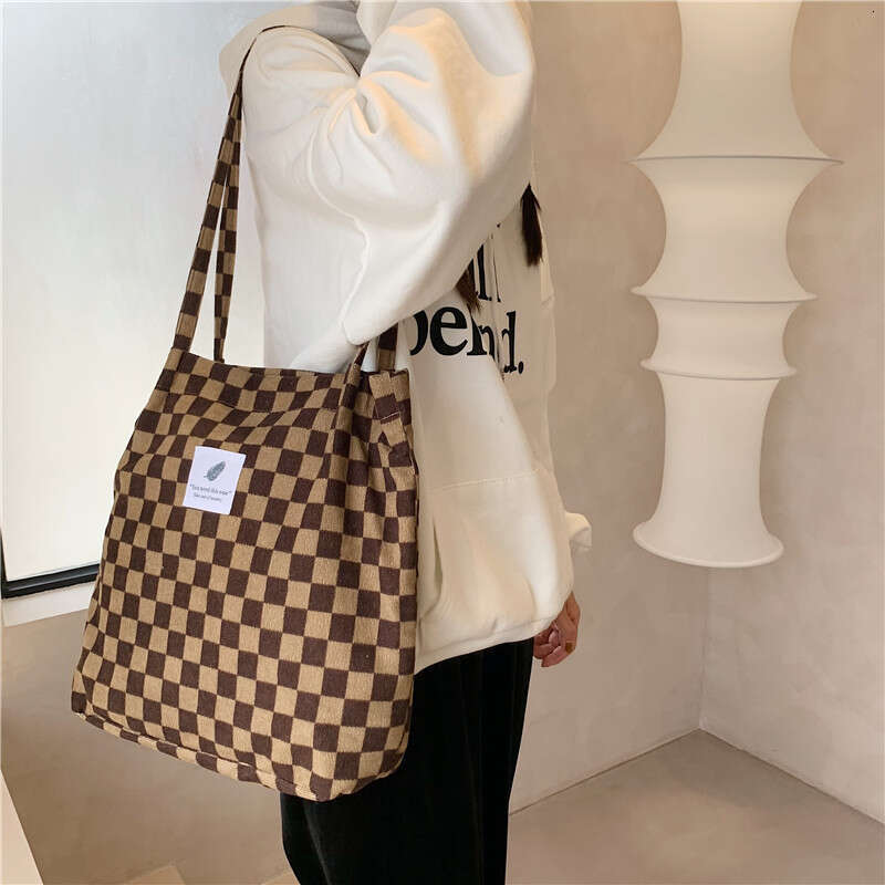 012174 Corduroy Checkerboard Single Shoulder Tote Female Student Classroom Canvas Minimalist Handheld Cloth Bag