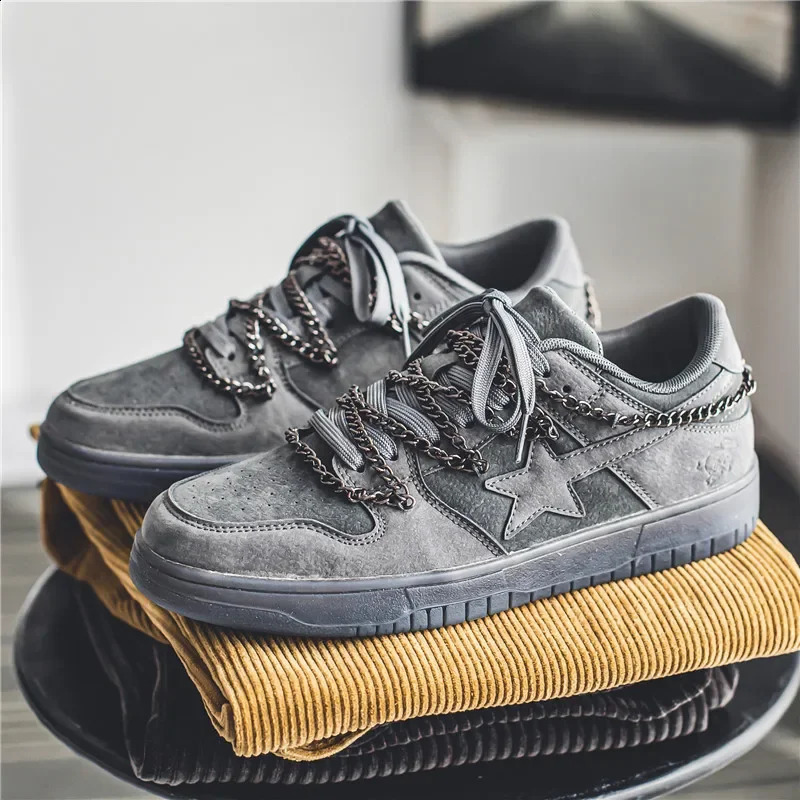 Mens casual sports shoes punk metal chain star skateboarding flat running tennis shoes basketball walking sports shoes 250410