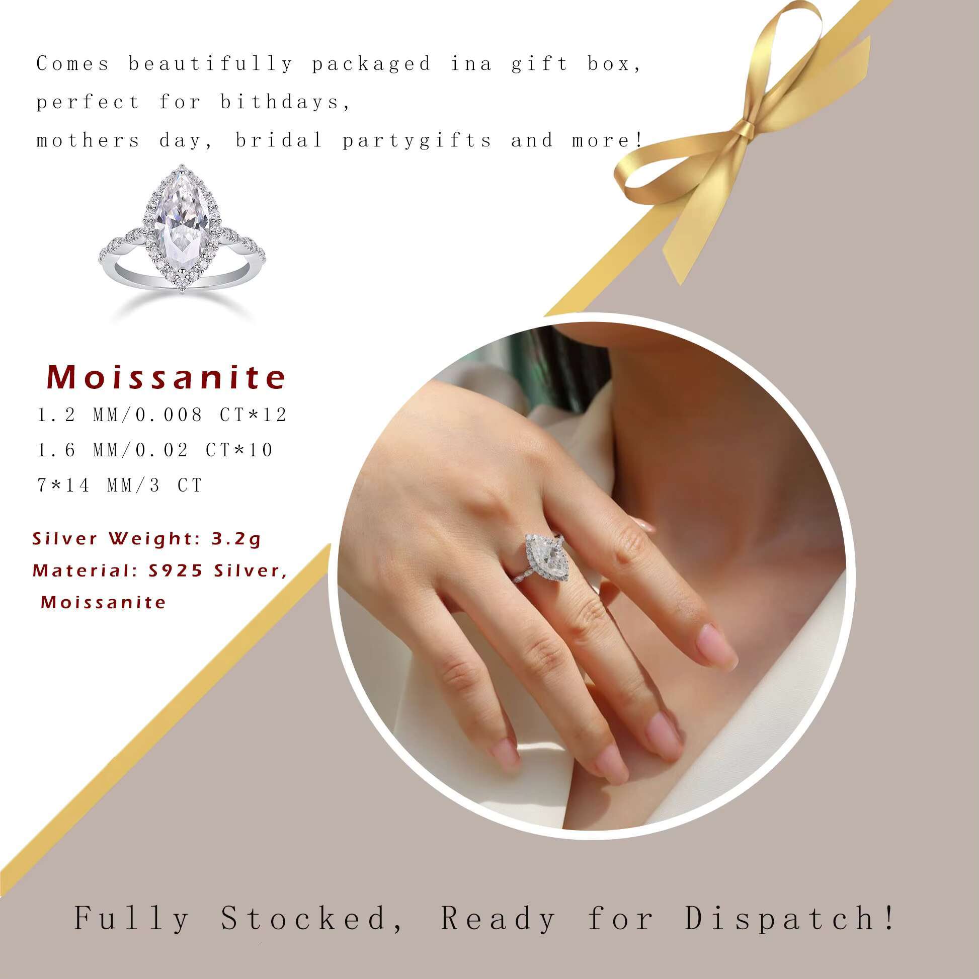 Marquise Cut Moissanite Rings for Women D Color VVS1 S925 Sterling Silver With 18K Gold Plating Elegant Jewelry