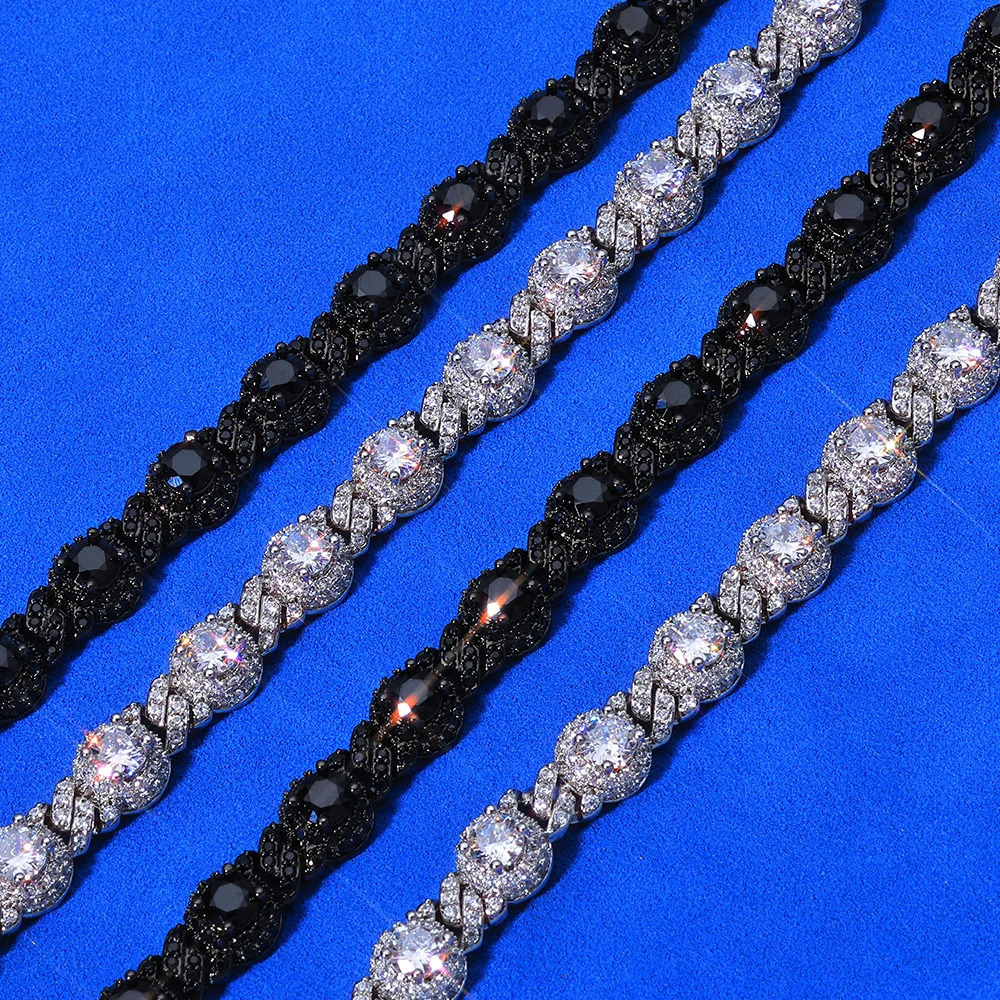 NY Ice Black Cubic Zirconia Round 75mm Beads Necklace Gun Electroplating Diamond Cuban Link Chain Hip Hop Jewelry 251112