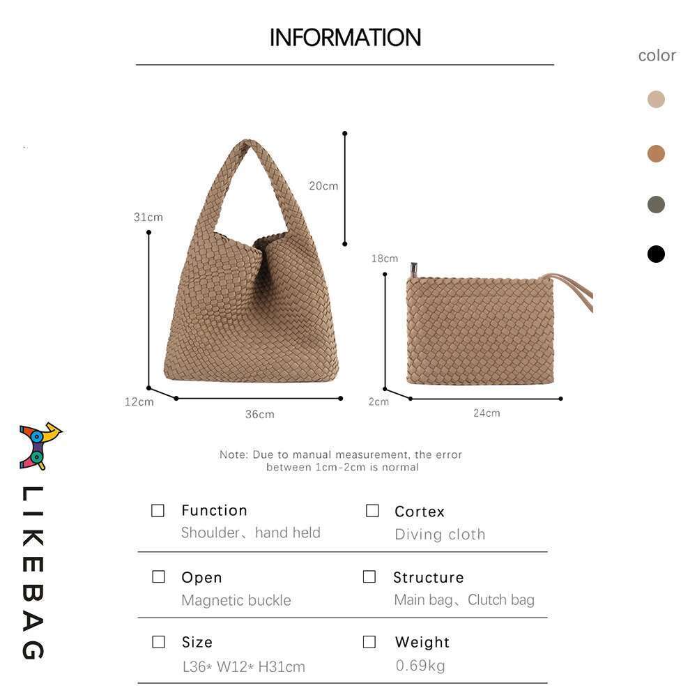 Fashion Women Shoulder Handbag Neoprene Large Capacity Tote With Woven Clutch Bag