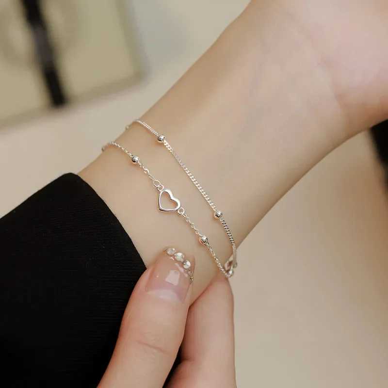 925 Sterling Silver Double Love Heart Hollow Round Beads Bracelet Female Fashion Romantic Jewelry Classic Adjustable GiftsC250411