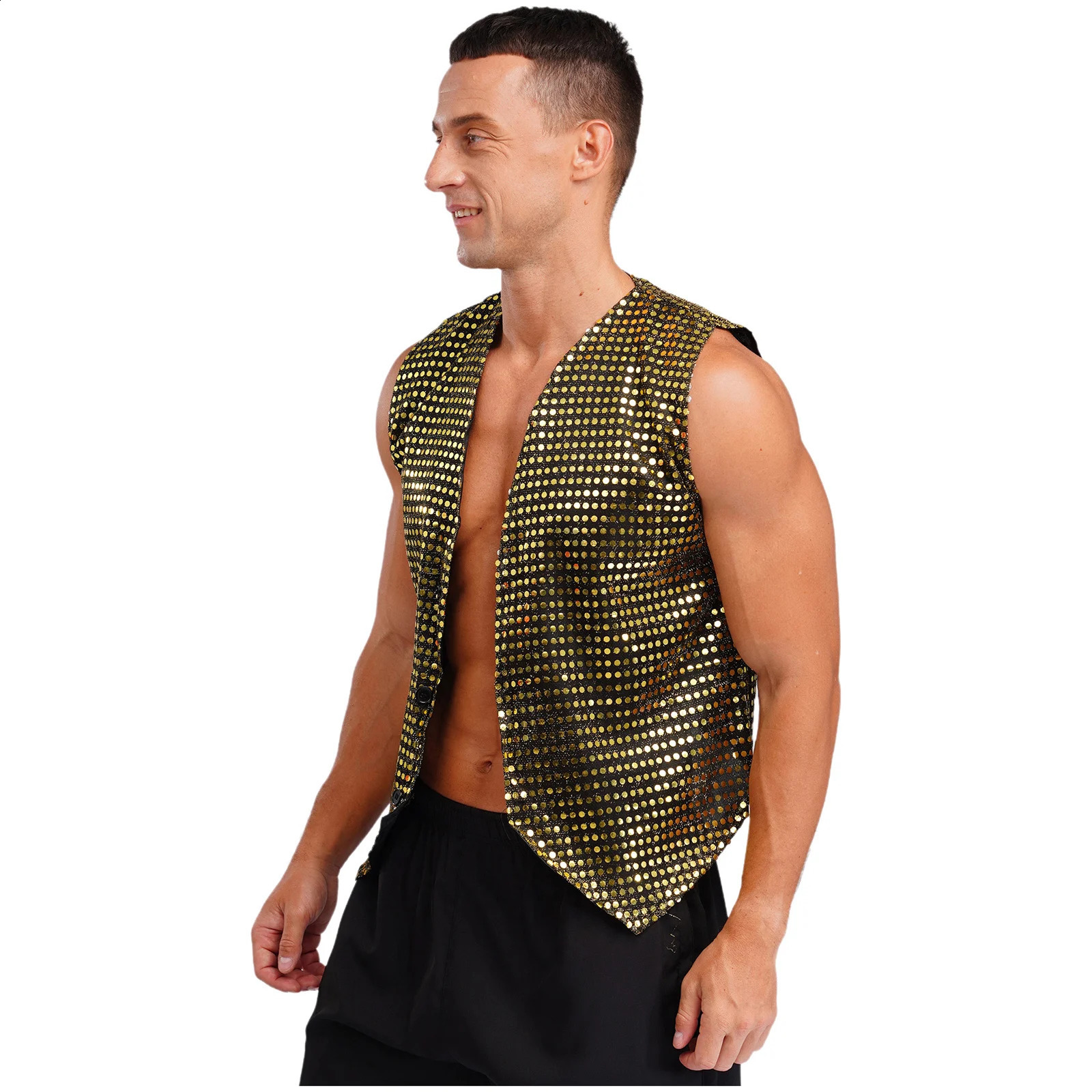 Mens Sparkling Sequin Vest Tops Sleeveless V Neck Button-Up Sequins Solid Color Vest for Clubwear Stage Performance 250407