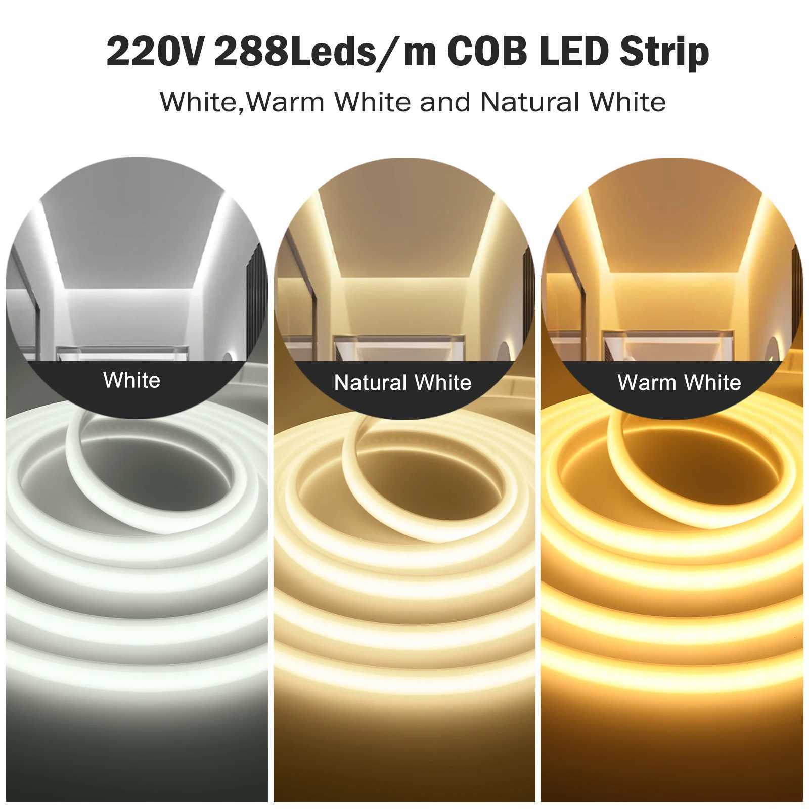 1-50M 220V COB LED Neon Strip Light IP67 Waterproof With Switch/Dimmer EU Plug White Natual Warm Flexible Ribbon Tape Room Decor W251112