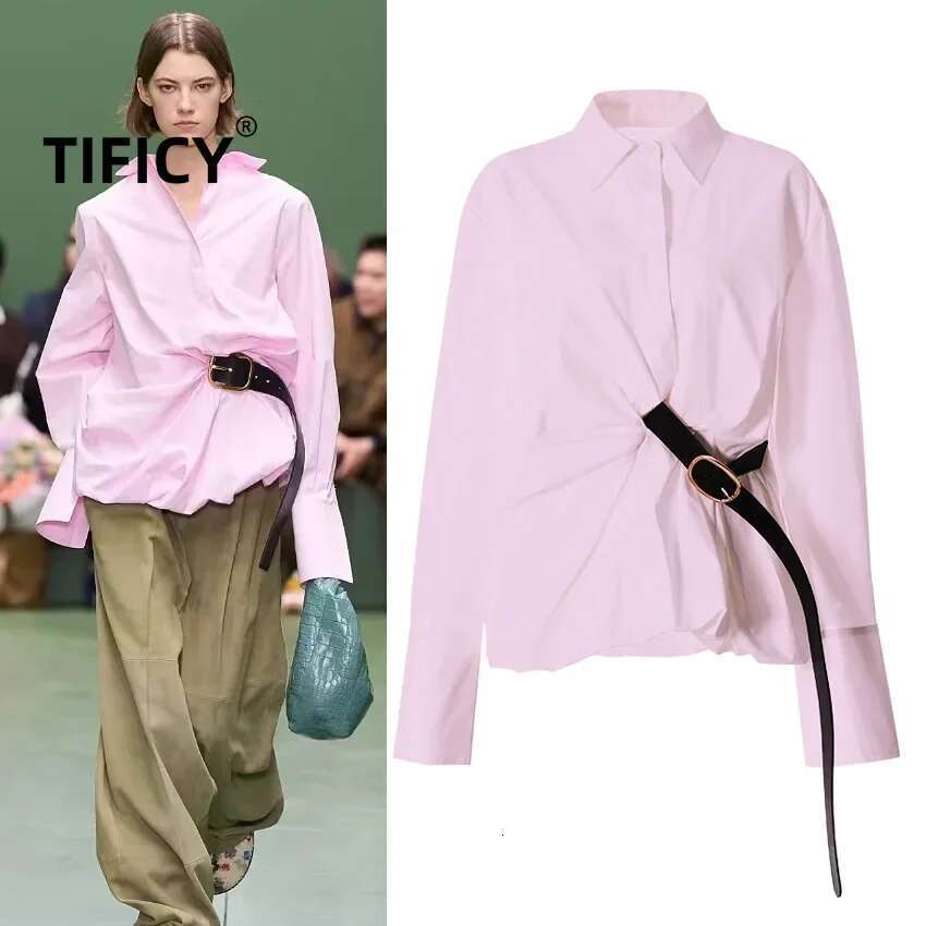 Spring New Women's Pleated Waisted Shirt With White Casual Design And Fashionable Waist Belt Mid Length Blouses Top