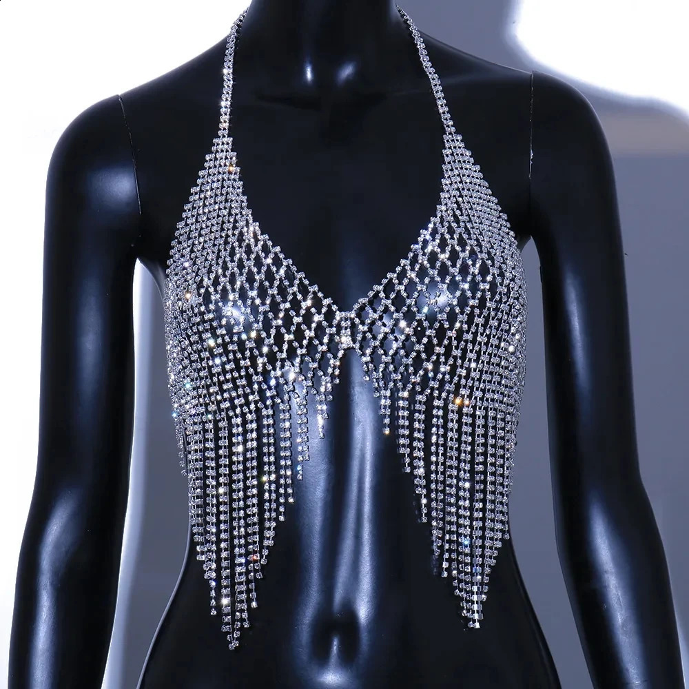 XSBODY Mesh Tassel Chest Chain Jewelry Necklace Sexy Underwear Womens Crystal Festival Set Bikini Bra 250408