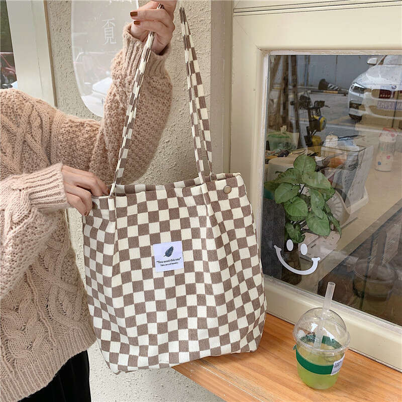 012174 Corduroy Checkerboard Single Shoulder Tote Female Student Classroom Canvas Minimalist Handheld Cloth Bag