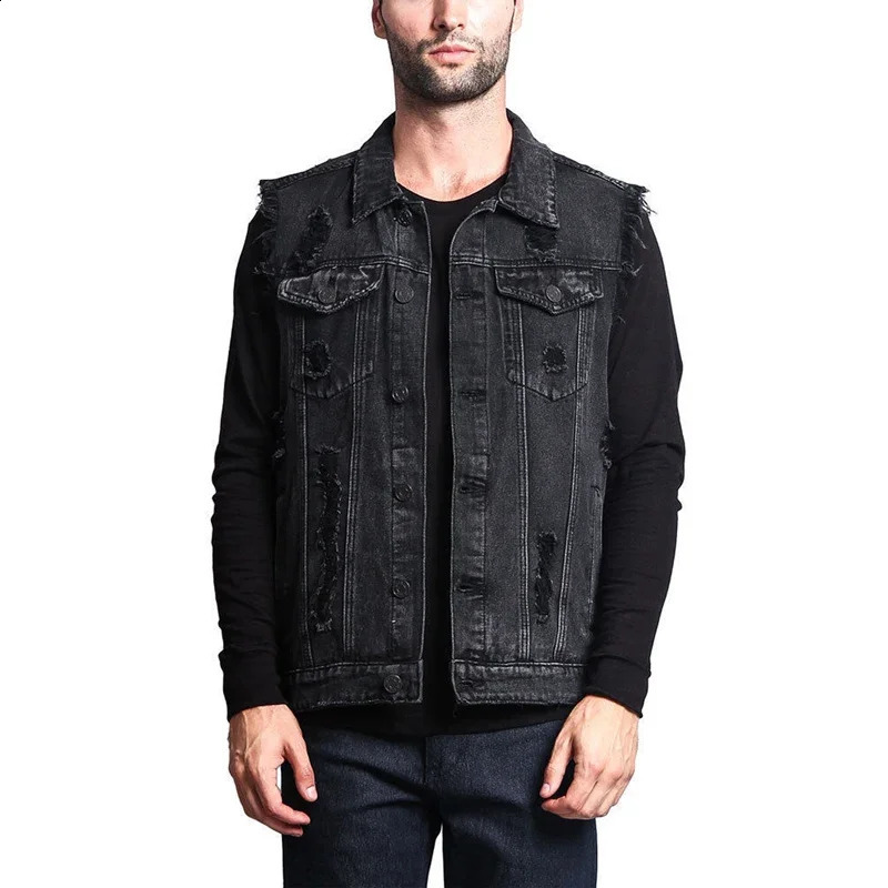 Western Cowboy Style Broken Holes Denim Vest Male Casual Lapel Cardigan Jeans Waistcoats Men Sleeveless Raw Cut Edge Jacket 250409