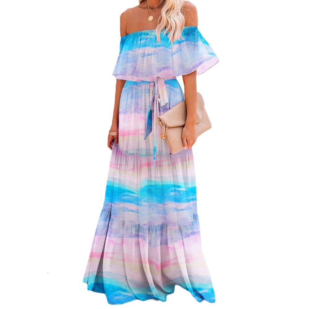 2025 New Womens Chest Wrapped Printed Big Swing Skirt Blue Dress