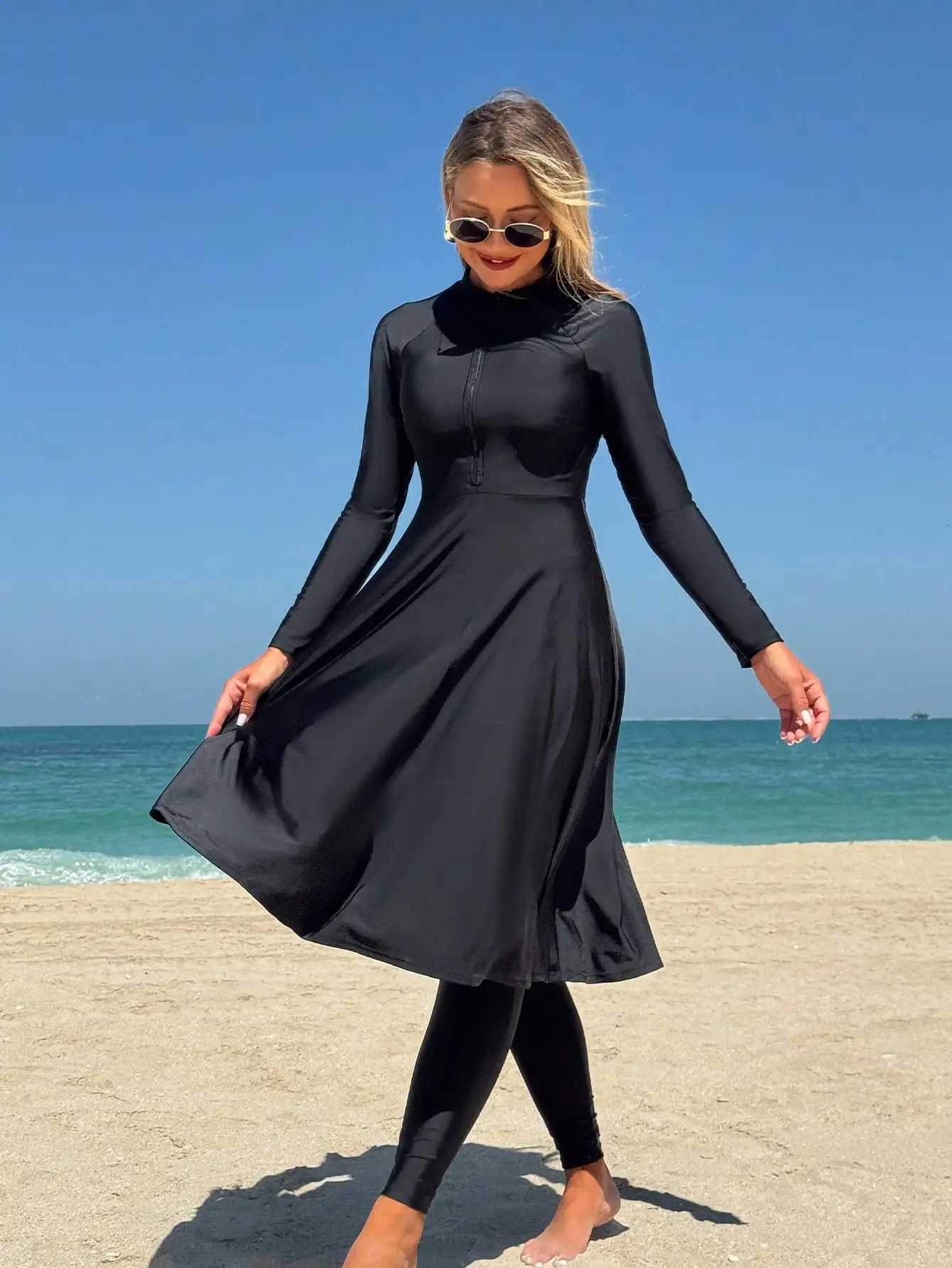 Elegant Black Womens Flesh-Covering Slimming Zipper Long-Sleeved Dress Pants Seaside Sun Protection Swimsuit Beach SuitW251113