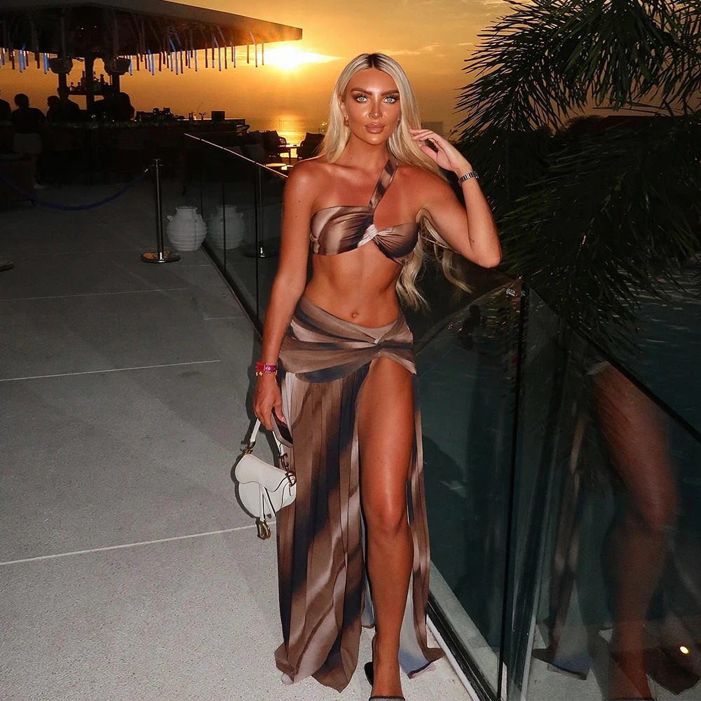 One Shoulder 3 Pieces Sexy Bikini Set White Bikinis Women Swimsuit Female Swimwear Skirt Bathing Suit Beachwear Cover Up 250410